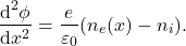 \begin{gather*}\ders[\phi]{x} = \frac{e}{\eps_0}(n_e(x)-n_i).\end{gather*}